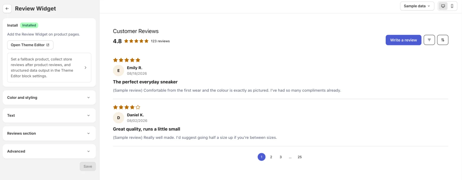 Widget customiser with style settings beside a live preview