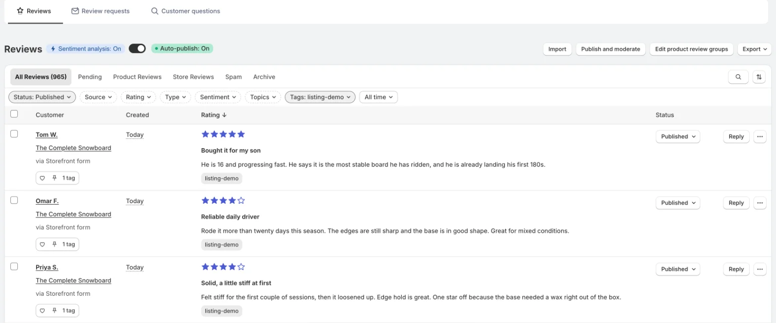 Reviews inbox with status, source, rating and tag filters, replies and tags